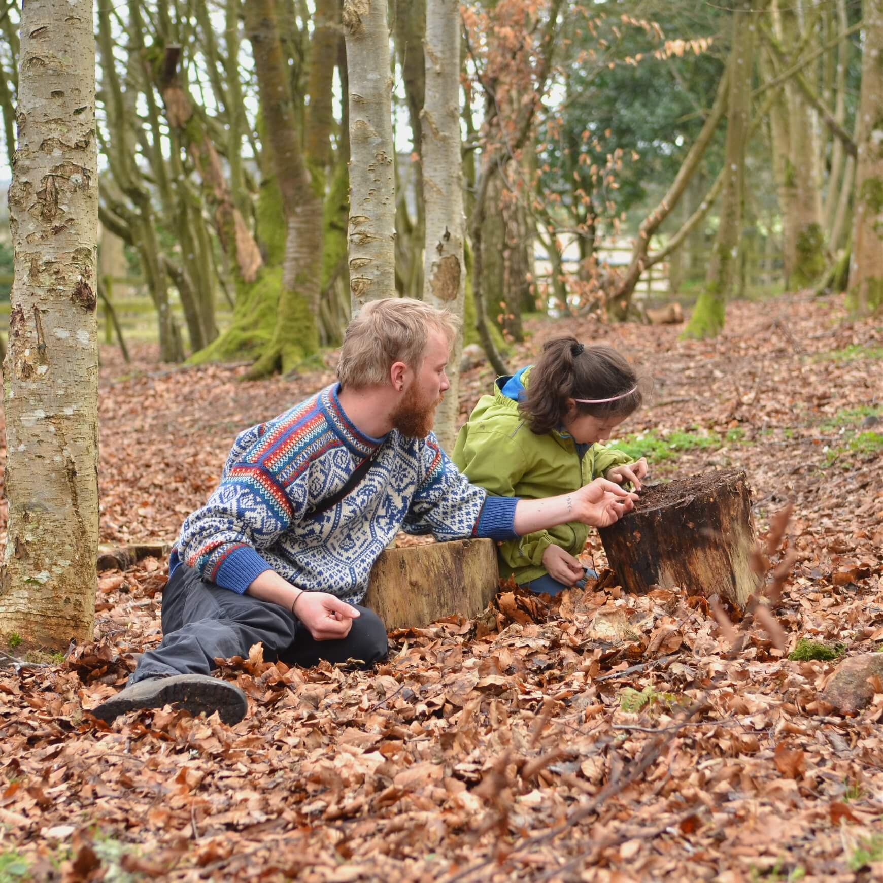 Child hunting for woodland creatures in the leaves at Nature Nurture