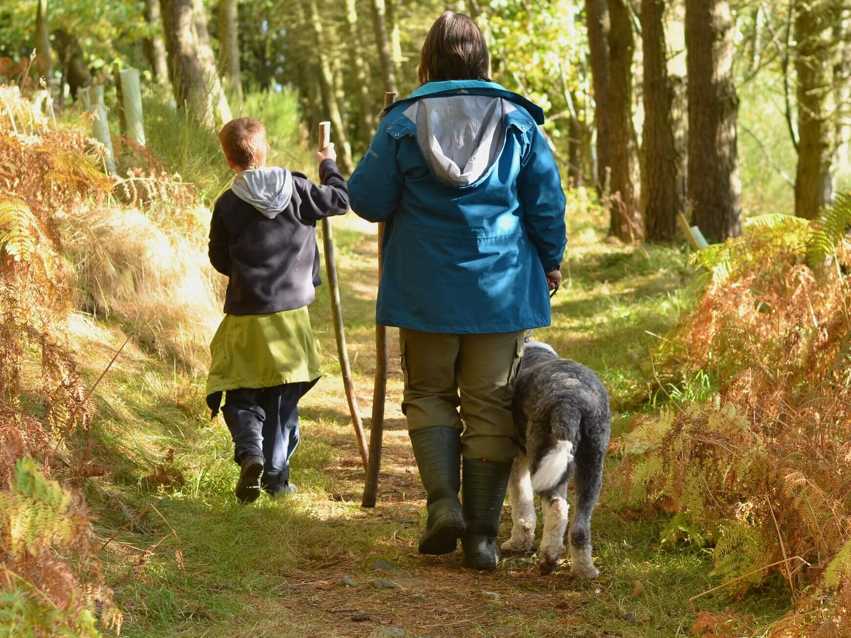 Child and practitioner walking a dog in the woods at Nature Nurture