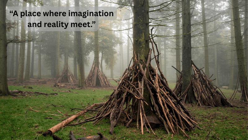 Building Dens - A Place where Reality and Imagination Meet – misty woodland with four stick dens leaning against trees.