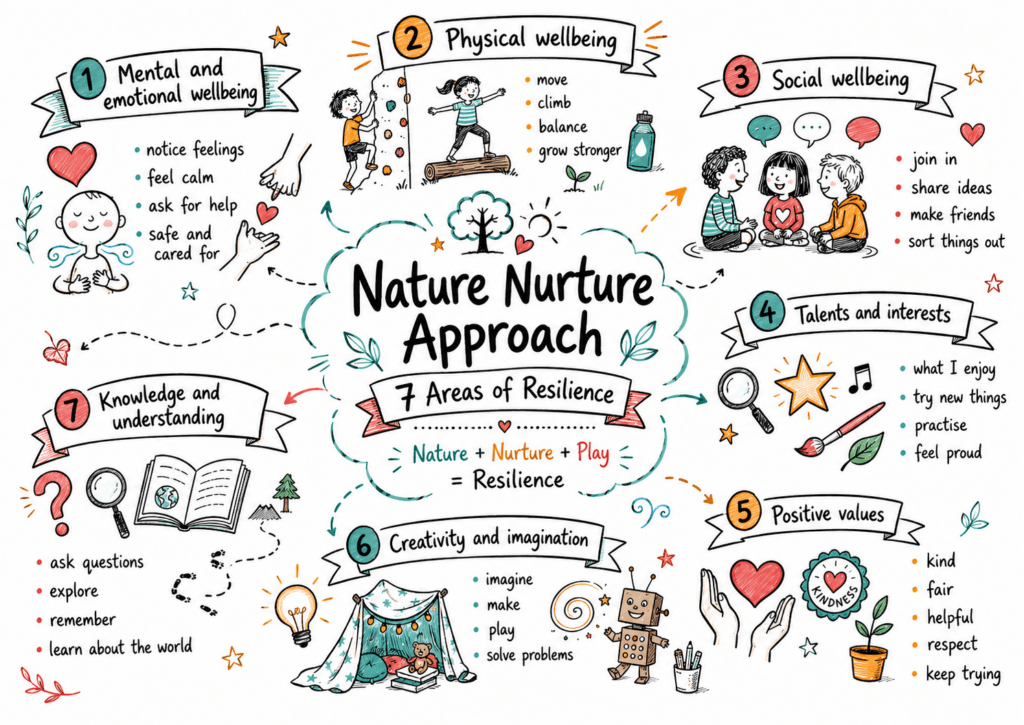 Seven Areas of Resilience infographic - line drawn sketch map illustrating each of the 7 areas 