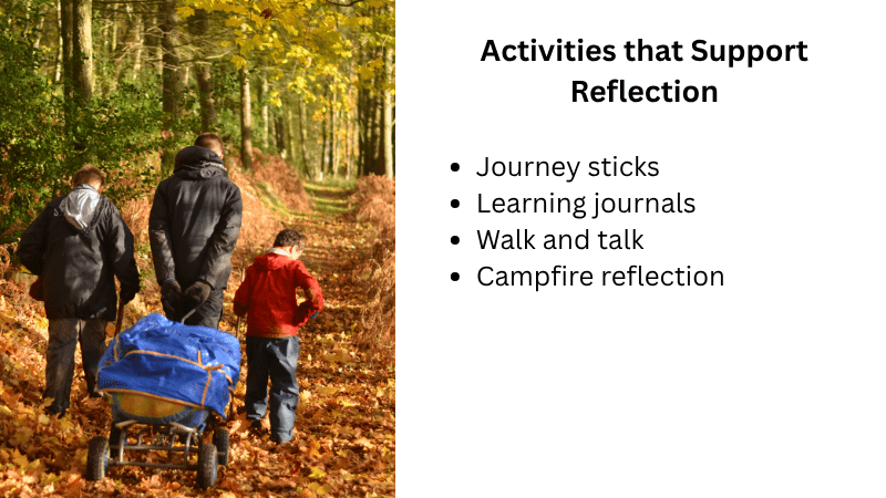 Activities that Support Reflection: Two children and an adult pulling a cart through woodland