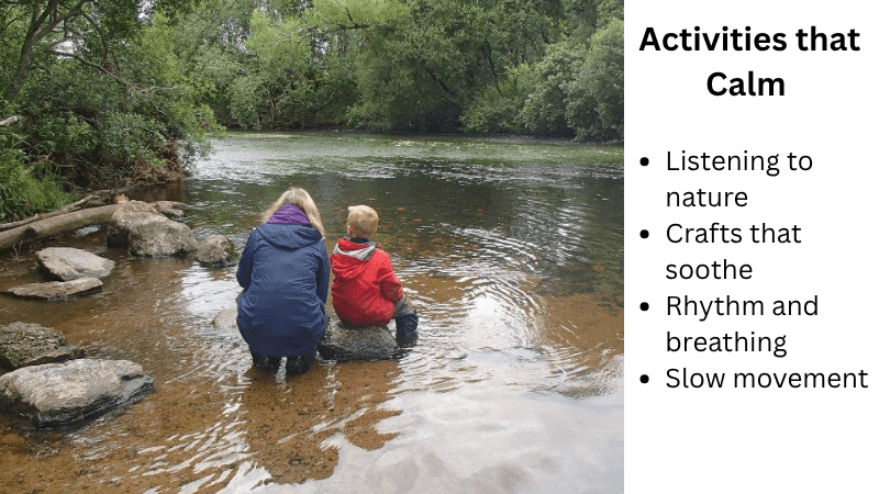 Activities that Calm: Adult and child sitting on a rock in the river