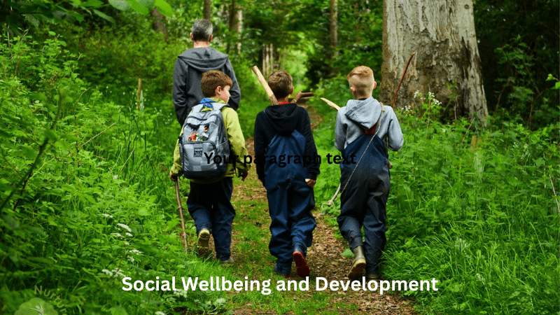  Social Wellbeing and Development – 3 children walking and talking in the woods