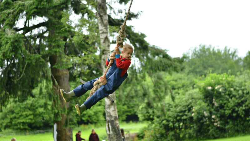 child swinging high on a rope swing